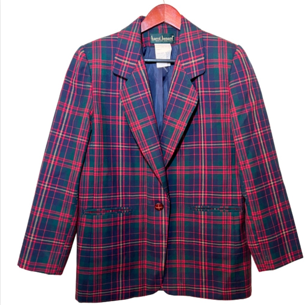 Vintage Harve Bernard Red & Green Wool Plaid Blazer Jacket size 10